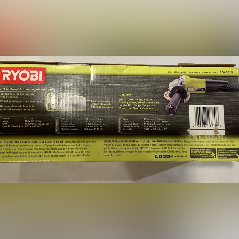 NEW Ryobi ANGLE GRINDER 5.5 Amp Corded 4-1/2 in. Angle Grinder AG4031G - Picture 4 of 5